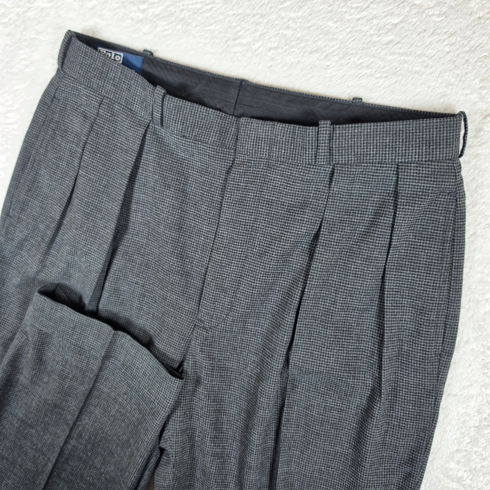 Polo Ralph Lauren Pleated Dress Pants Mens 34/32 Grey Houndstooth Stretch Cuffed
